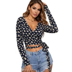 SHEIN Womens Floral Wrap Top Navy Blue Ditsy Print Long Sleeve Crop Blouse Small